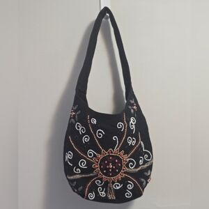 Rachel Black Embroidered Shoulder Bag with Bead Detailing